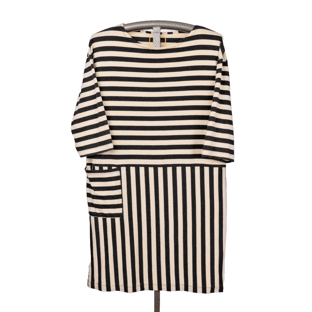 Gudrun Sjoden 100% Organic Cotton Tunic / Shift Dress MEDIUM Black & Tan Stripe